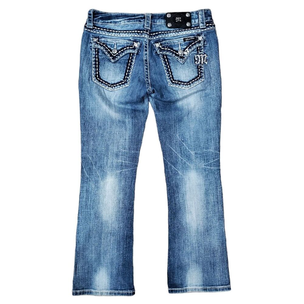 MISS ME Jeans Womens 29 Blue Boot Cut Studded Flap Pockets Bling Denim Faded